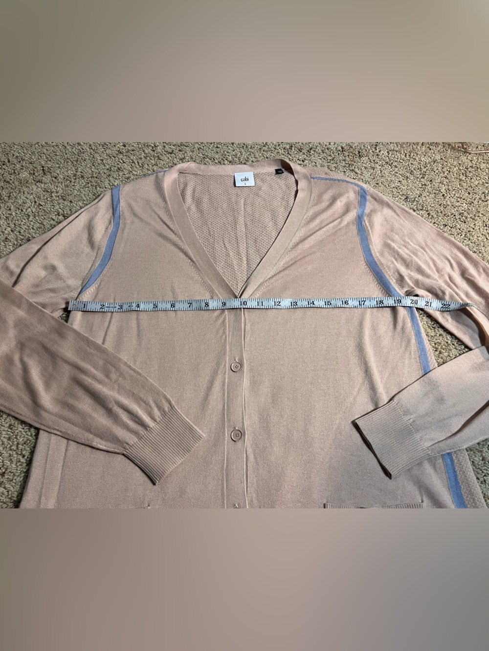 CAbi pastel Light Pink V-Neck Button Cardigan with Blue Trim - Picture 3 of 6